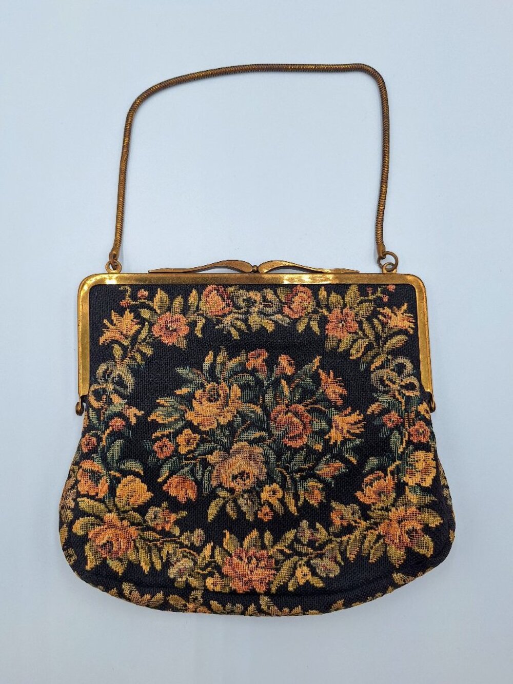 Vintage German Tapestry Purse Bag Flower Floral Design Gold Frame with Mirror